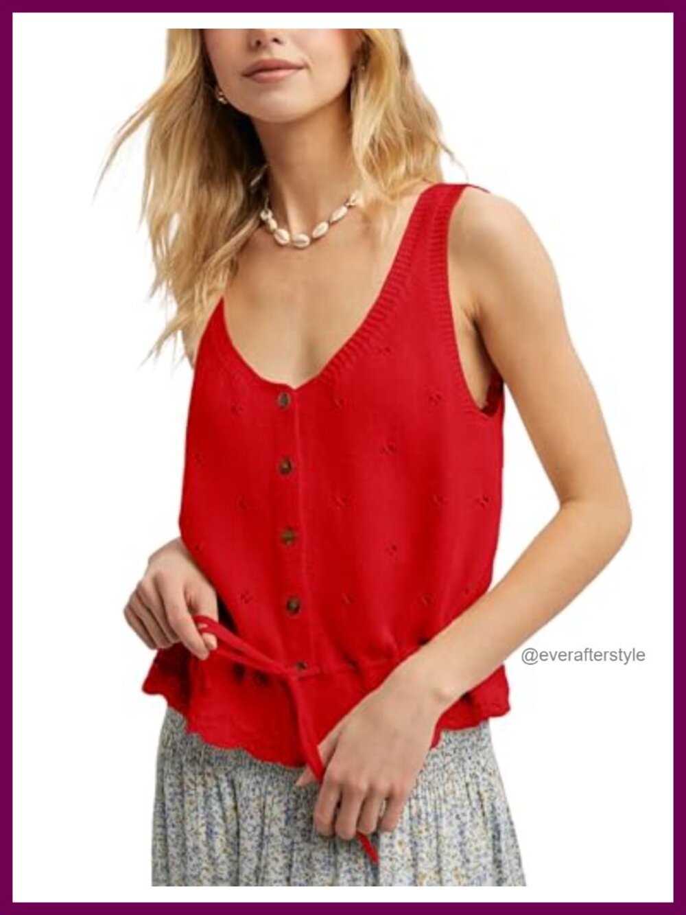 Womens Crochet Tank Top Sleeveless V Neck Button Down Ruffle Hem Tie Waist Knit